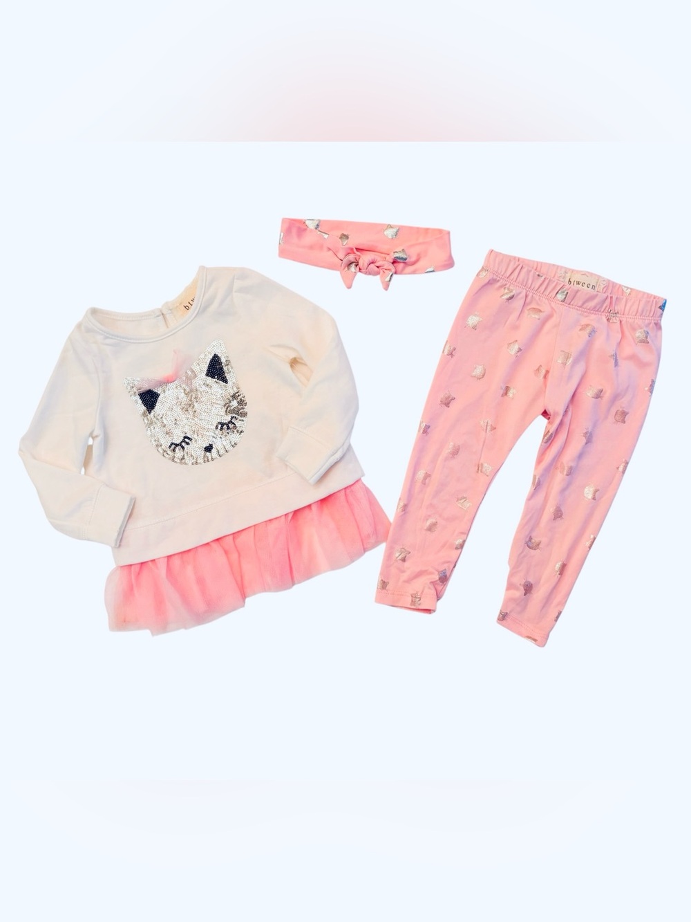 btween Pink and Cream Sequin Cat Pajama Set with Headband 18M